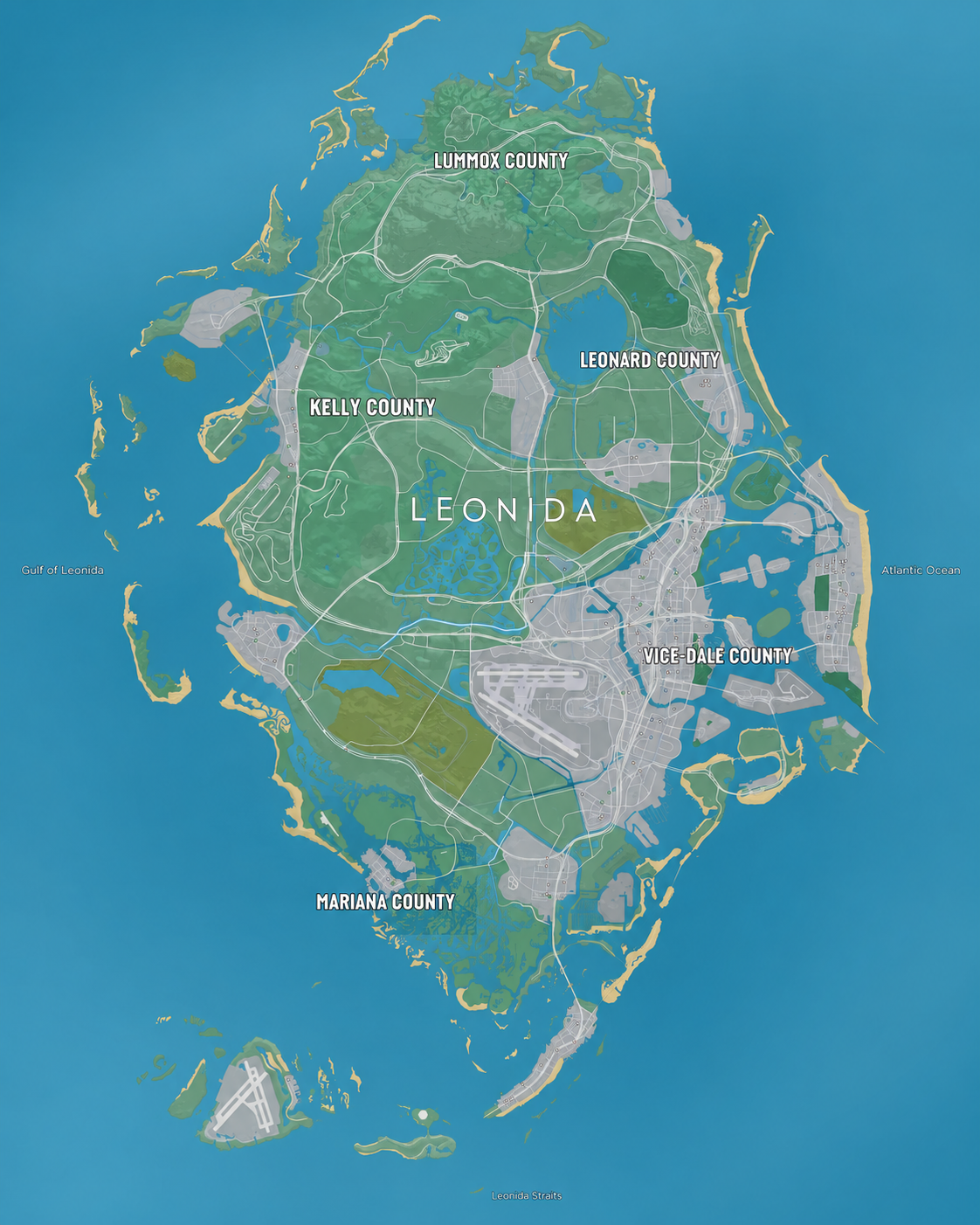 Community map of Leonida showing Lummox, Leonard, Kelly, Vice-Dale and Mariana counties