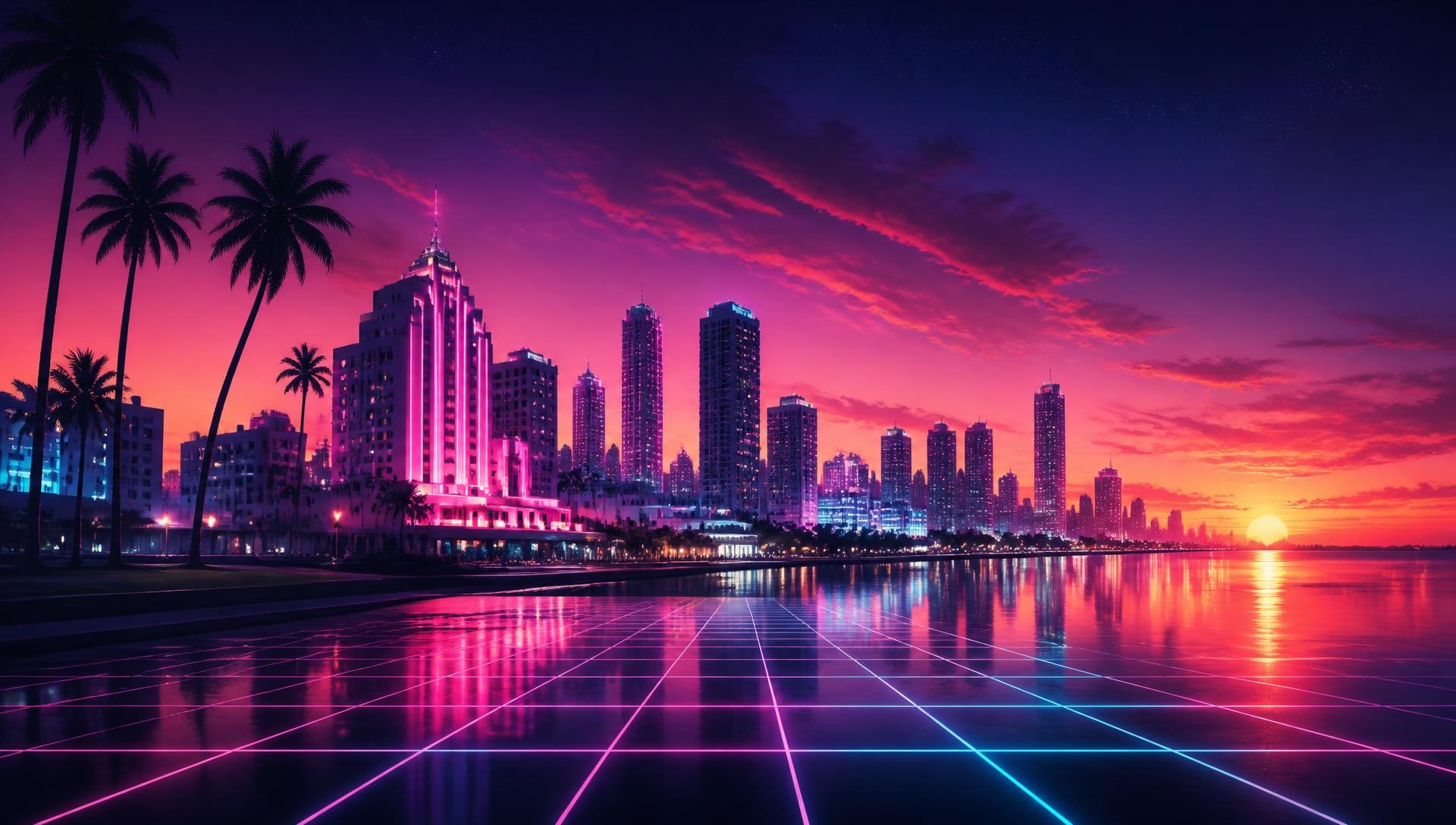 Synthwave Vice City skyline at sunset with neon grid and palm trees
